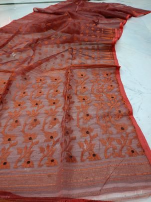 Tomato Red Soft Pure Maslin Dhakai Jamdani Saree