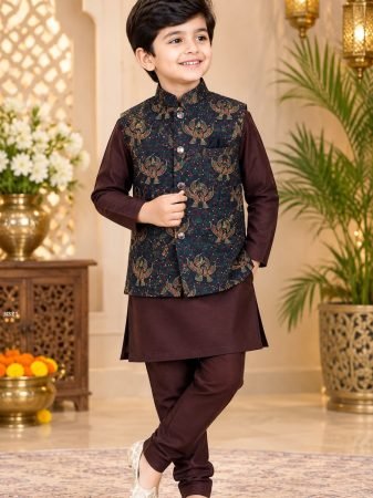 Traditional Boys Dark Brown Kurta Set with Motif Printed Koti