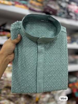 Traditional Chikan Work Rayon Mint Kurta Pyjama