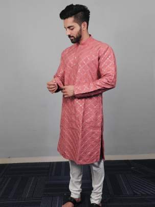 Traditional Cotton Golden Mirror Peach Kurta And Pyjama