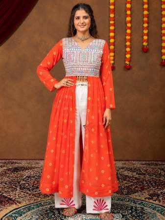 Traditional Denim Jeans With Orange Navratri Style Shrug 