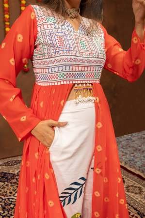 Traditional Denim Jeans With Orange Navratri Style Shrug