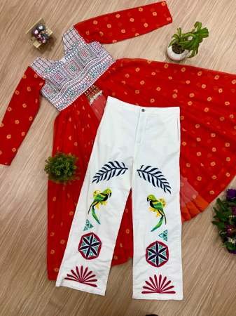 Traditional Denim Jeans With Orange Navratri Style Shrug