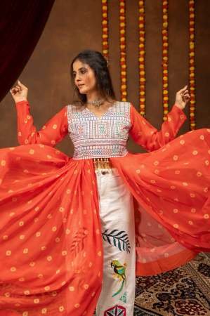 Traditional Denim Jeans With Orange Navratri Style Shrug