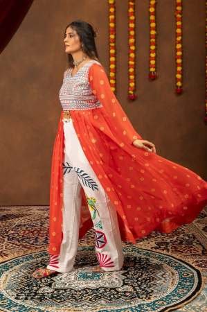 Traditional Denim Jeans With Orange Navratri Style Shrug