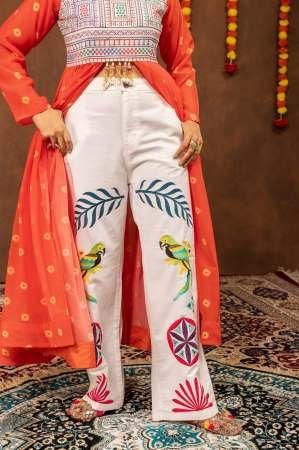 Traditional Denim Jeans With Orange Navratri Style Shrug