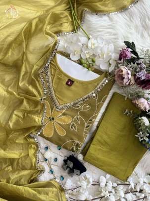 Traditional Full Neck Mirror Work Muslin Silk Kurti Set