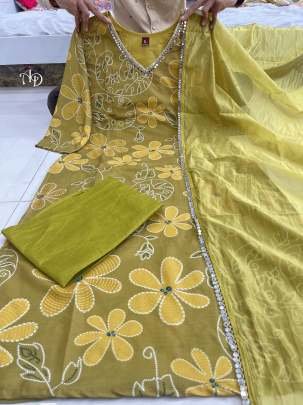 Traditional Full Neck Mirror Work Muslin Silk Kurti Set