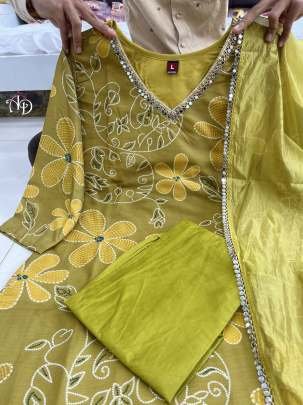 Traditional Full Neck Mirror Work Muslin Silk Kurti Set