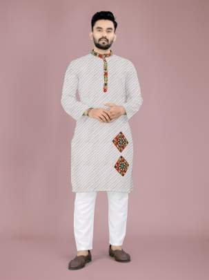 Traditional Gamthi Work Cotton Kurta And Pyjama