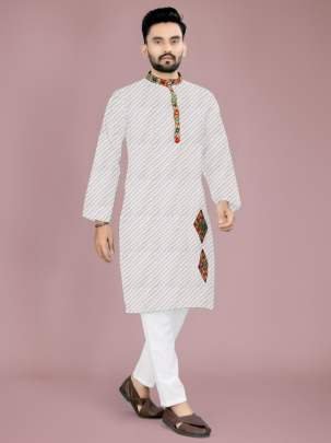 Traditional Gamthi Work Cotton Kurta And Pyjama