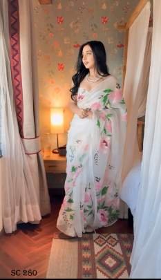 Fancy Georgette White Flower  Saree