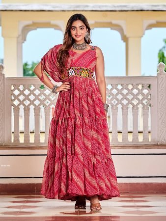Traditional Gujarati Bandhani Gown with Mirror Embroidery