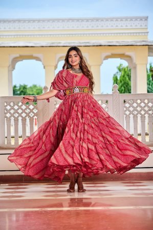 Traditional Gujarati Bandhani Gown with Mirror Embroidery