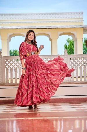Traditional Gujarati Bandhani Gown with Mirror Embroidery