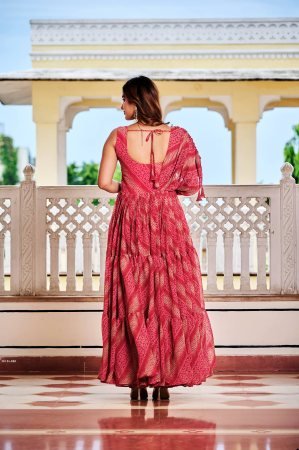 Traditional Gujarati Bandhani Gown with Mirror Embroidery