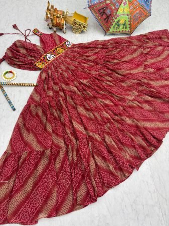 Traditional Gujarati Bandhani Gown with Mirror Embroidery