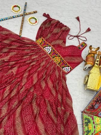 Traditional Gujarati Bandhani Gown with Mirror Embroidery
