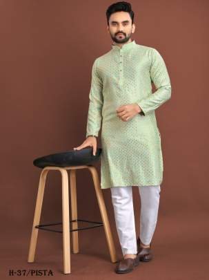 Traditional Indian Wear Gents Pista Silk Kurta and Pyjamas Set