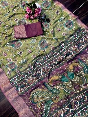 Traditional Jacquard Border Fancy Mul Cotton Olive Green Saree
