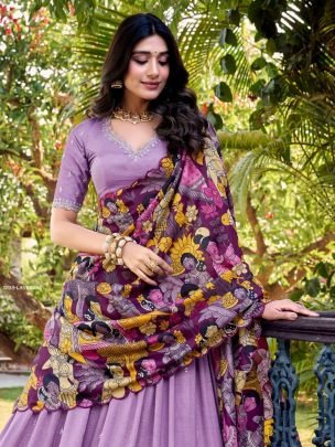 Traditional Kalamkari Print Lehenga Set in Vichitra Silk