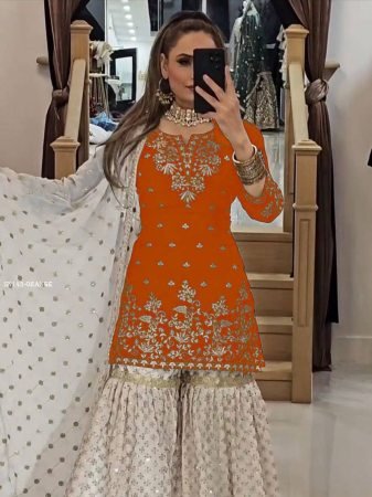 Traditional Orange Embroidered Gharara Suit for Festive Wear