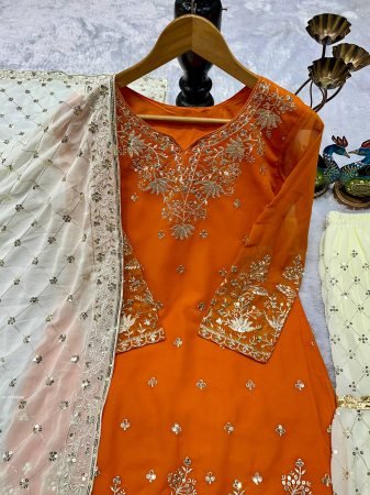 Traditional Orange Embroidered Gharara Suit for Festive Wear