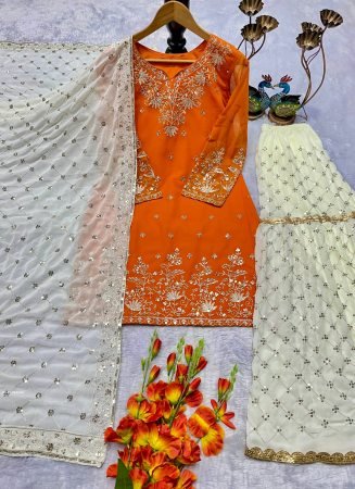 Traditional Orange Embroidered Gharara Suit for Festive Wear