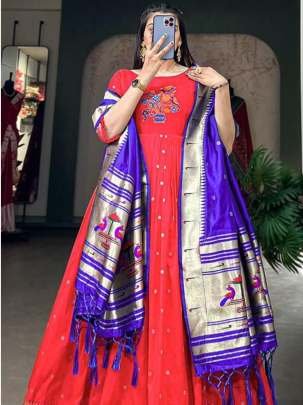 Traditional Paithani Silk Red Ready made Gown With Dupatta