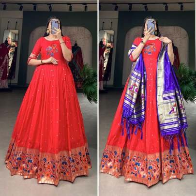 Traditional Paithani Silk Red Ready made Gown With Dupatta