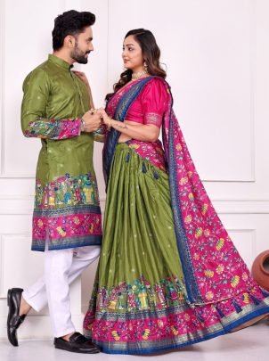 Traditional Patola Couple Outfit Green Dola Silk Kurta & Chaniya Choli