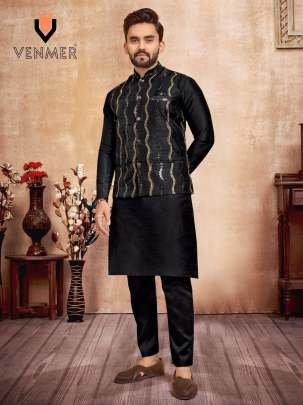 Traditional Silk Black Kurta And Pyjama With Koti