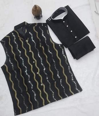 Traditional Silk Black Kurta And Pyjama With Koti