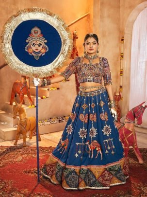 Traditonal Muslin Cotton Real Mirror Work Navratri Lehenga  