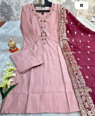 Trandy Pure Muslin Pink Colour Top, Bottom Dupatta Set