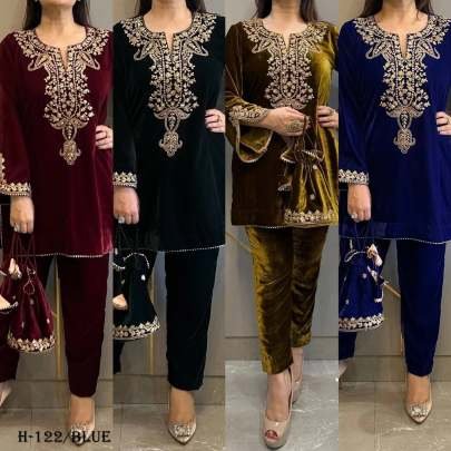 Trending Embroidery Work Velvet Blue Top and Pant