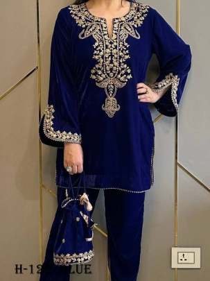 Trending Embroidery Work Velvet Blue Top and Pant