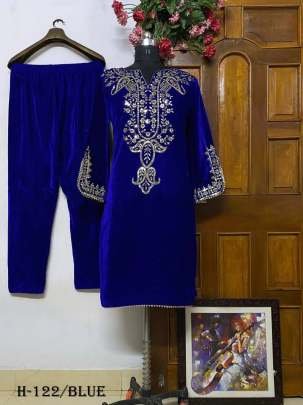 Trending Embroidery Work Velvet Blue Top and Pant