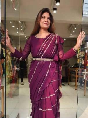 Trending Embroidery Work Wine  ready to wear Saree