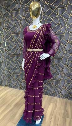 Trending Embroidery Work Wine  ready to wear Saree