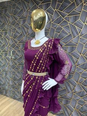 Trending Embroidery Work Wine  ready to wear Saree