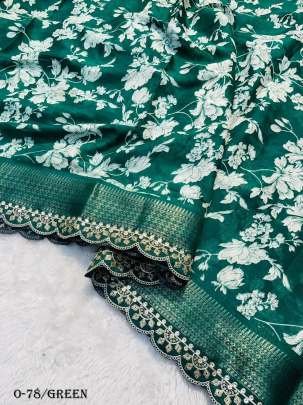 Trending Flower Design Crepe Green Saree