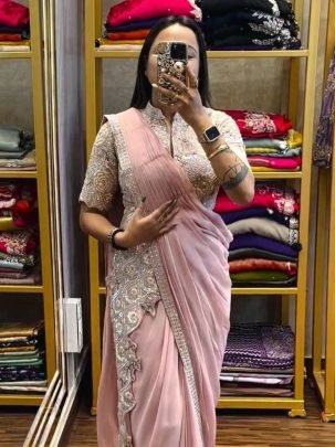 Trending Light Pink Drape Saree With Stitched Stylist Blouse