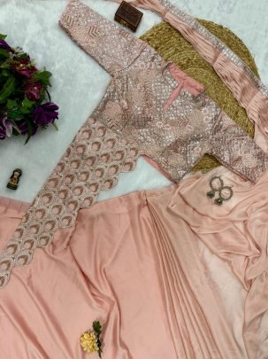 Trending Light Pink Drape Saree With Stitched Stylist Blouse