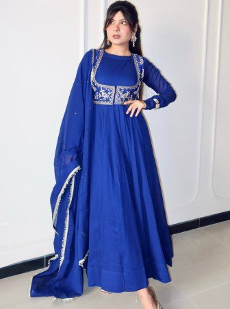 Trending Royal Blue Pure Roman Silk Gown With Jacket