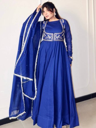 Trending Royal Blue Pure Roman Silk Gown With Jacket
