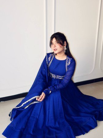 Trending Royal Blue Pure Roman Silk Gown With Jacket