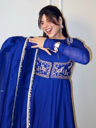 Trending Royal Blue Pure Roman Silk Gown With Jacket
