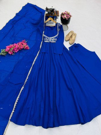 Trending Royal Blue Pure Roman Silk Gown With Jacket