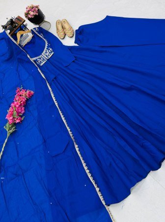 Trending Royal Blue Pure Roman Silk Gown With Jacket